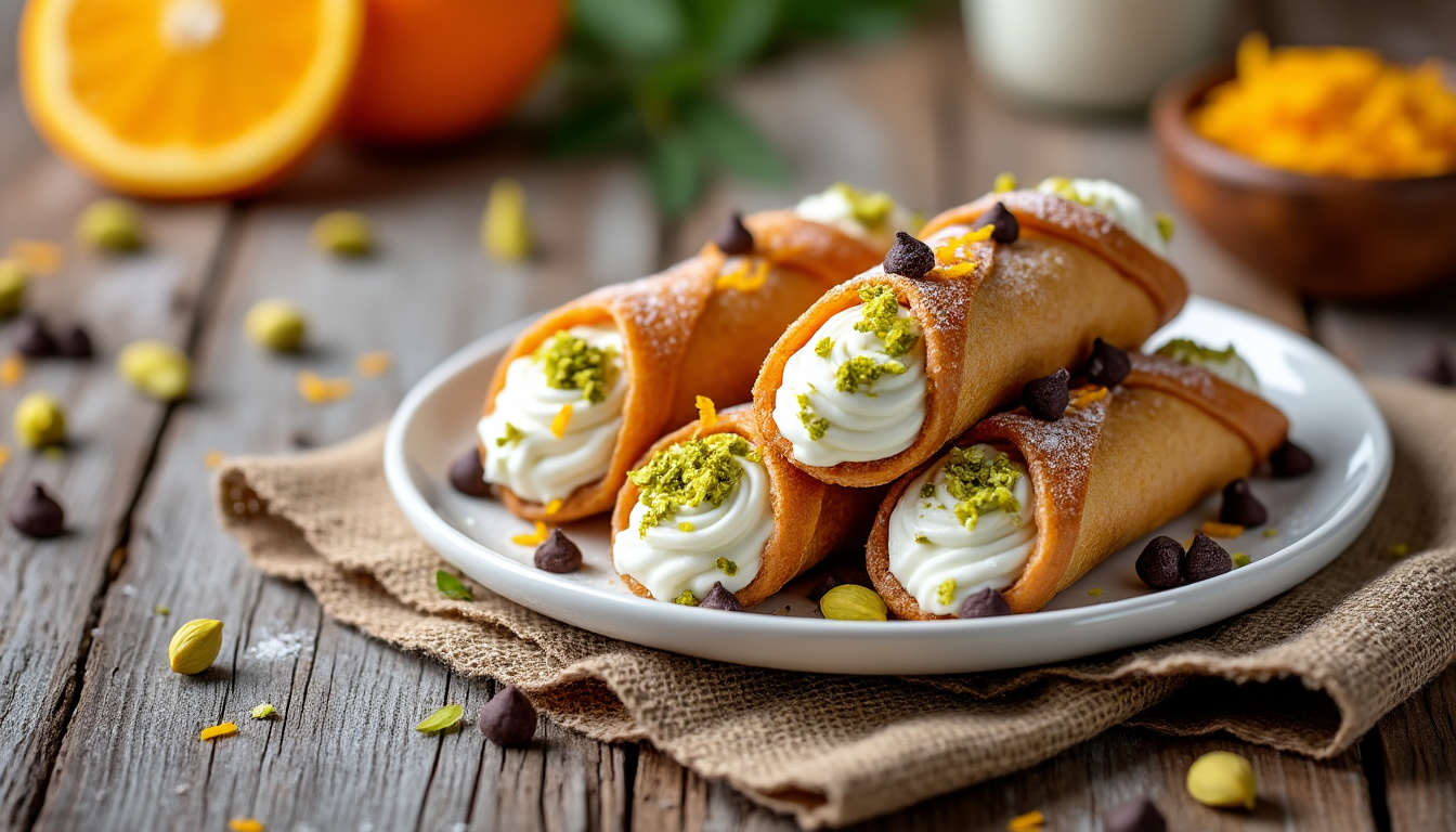 DĂ©lices siciliens : Cannoli fourrĂ©s Ă la ricotta 6 dĂ©couvrez les dĂ©lices siciliens avec nos cannoli authentiques, gĂ©nĂ©reusement fourrĂ©s Ă la ricotta fraĂźche. une pĂątisserie gourmande au goĂ»t dâitalie, parfaite pour les amateurs de douceurs traditionnelles.