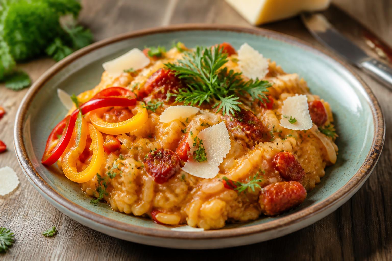 découvrez notre recette de risotto au chorizo, un plat onctueux et épicé qui promet une explosion de saveurs irrésistible à chaque bouchée.