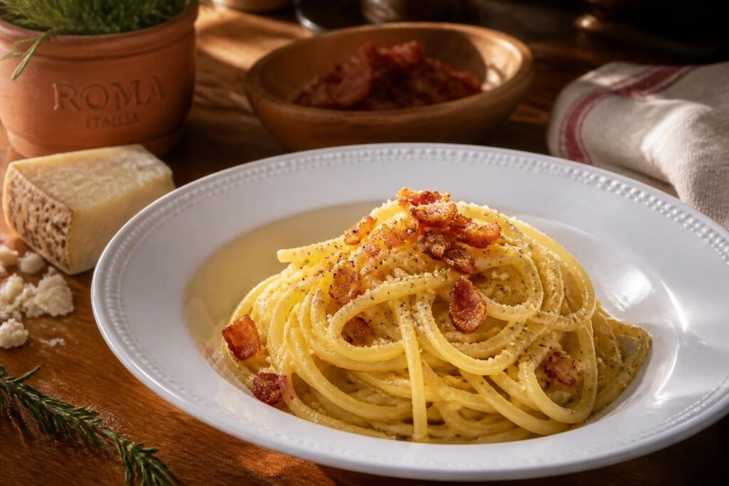 découvrez la véritable recette romaine des pâtes carbonara sans crème, simple et authentique, pour un plat savoureux et traditionnel.