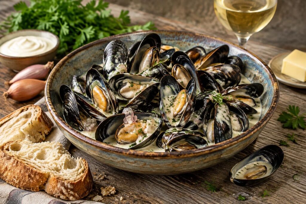 découvrez les bonnes proportions de moules, crème, vin blanc et aromates pour réussir des moules marinières crémeuses et savoureuses.