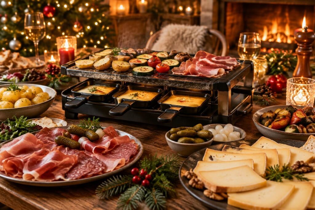 pour noël, revisitez la raclette avec des fromages fondants, des charcuteries festives et des accompagnements gourmands pour régaler toute la table.
